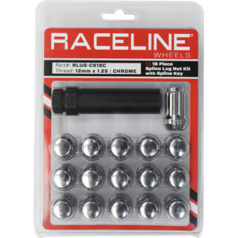 Raceline Spline Lug Nut Kit with Spline Key 12 x 1.25 - 16 Pack - Chrome