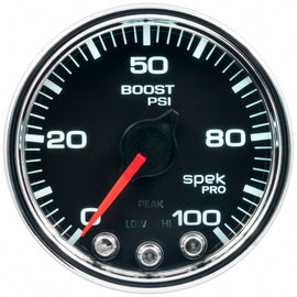Autometer Spek-Pro Gauge Boost 2 1/16in 100psi Stepper Motor W/Peak & Warn Blk/Chrm