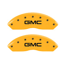Load image into Gallery viewer, MGP 4 Caliper Covers Engraved Front &amp; Rear GMC Yellow Finish Black Char 2019 GMC Arcadia