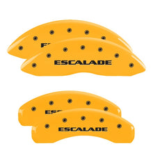 Load image into Gallery viewer, MGP 4 Caliper Covers Engraved F &amp; R Cursive/Cadillac Yellow Finish Black Char 1998 Cadillac DeVille