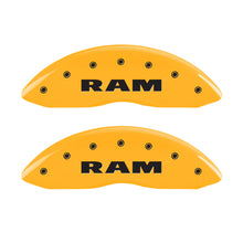 Load image into Gallery viewer, MGP 4 Caliper Covers Engraved Front &amp; Rear Ram Yellow Finish Black Char 2010 Dodge Ram 2500