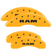 Load image into Gallery viewer, MGP 4 Caliper Covers Engraved Front &amp; Rear 2019 Ram 1500 Yellow Finish Black RAM Logo
