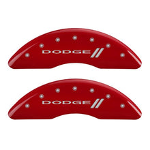 Load image into Gallery viewer, MGP 4 Caliper Covers Engraved Front &amp; Rear With stripes/Dodge Red finish silver ch