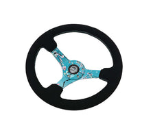 Load image into Gallery viewer, NRG Reinforced Suede Steering Wheel (350mm / 3in. Deep) Hydro Dipped Blossom Floral w/ Teal Stitch