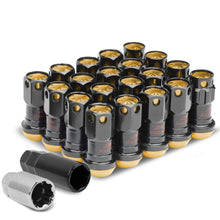Load image into Gallery viewer, M12 x 1.25 Aluminum Lug Nuts Lock Style 45mm Tall Black/Gold 20pc