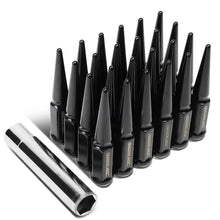 Load image into Gallery viewer, M14 x 1.5 Spike Lug Nuts 23mm OD 112mm Tall Black Steel 24 Pack