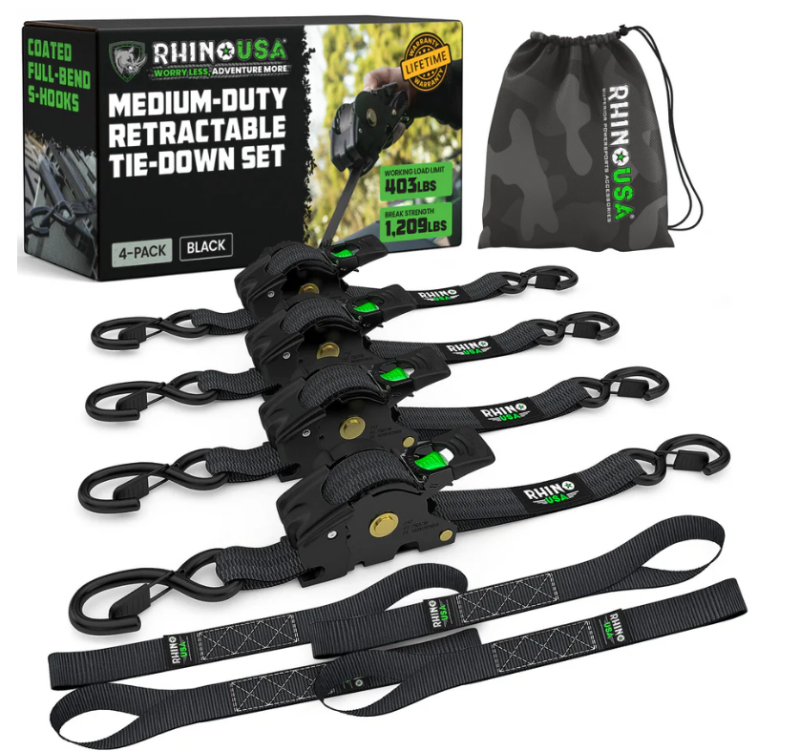 Rhino USA Retractable Ratchet Straps (4Pk 1Inx10Ft) (Black)