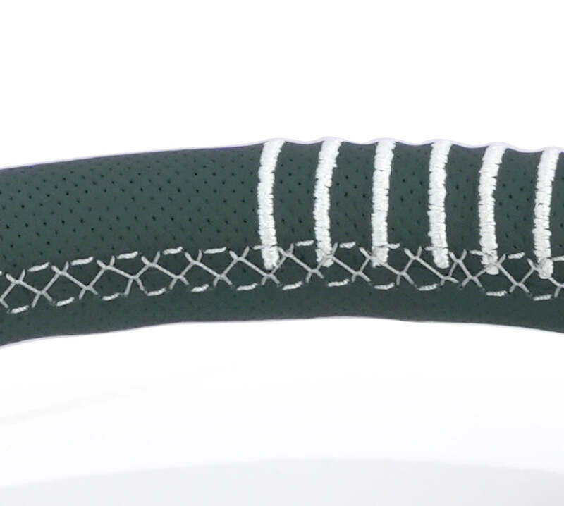 NRG Steering Wheel 1.5in Dish 350mm Black Perforated Leather - Emerald Stitching - Reinforced Spoke