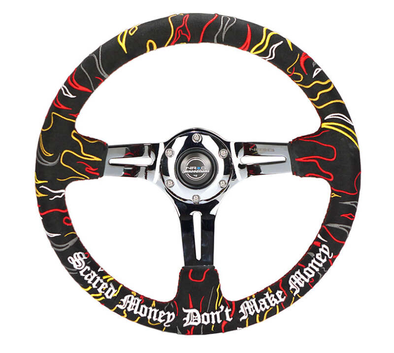 NRG Reinforced Steering Wheel R Litteral Sig 3in Deep/5mm Chrm Spk - Blk Alc w/ Red Stitch