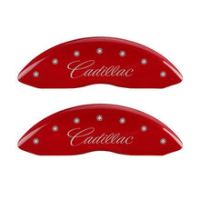 Load image into Gallery viewer, MGP 4 Caliper Covers Engraved Front Cursive/Cadillac Engraved Rear CTS4 Red finish silver ch