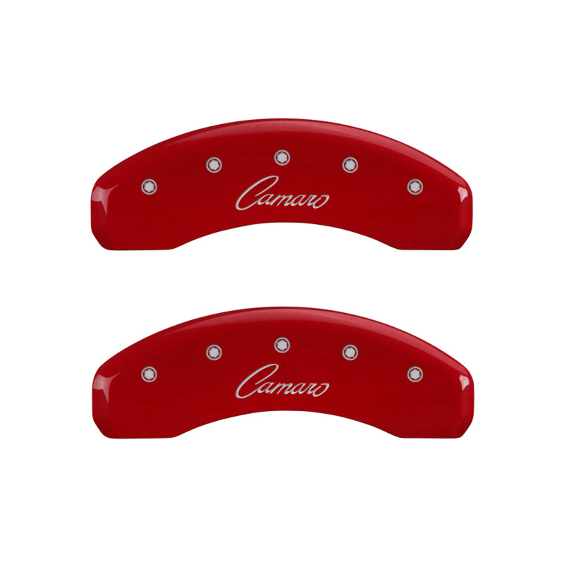 MGP 4 Caliper Covers Engraved Front & Rear Cursive/Camaro Red finish silver ch